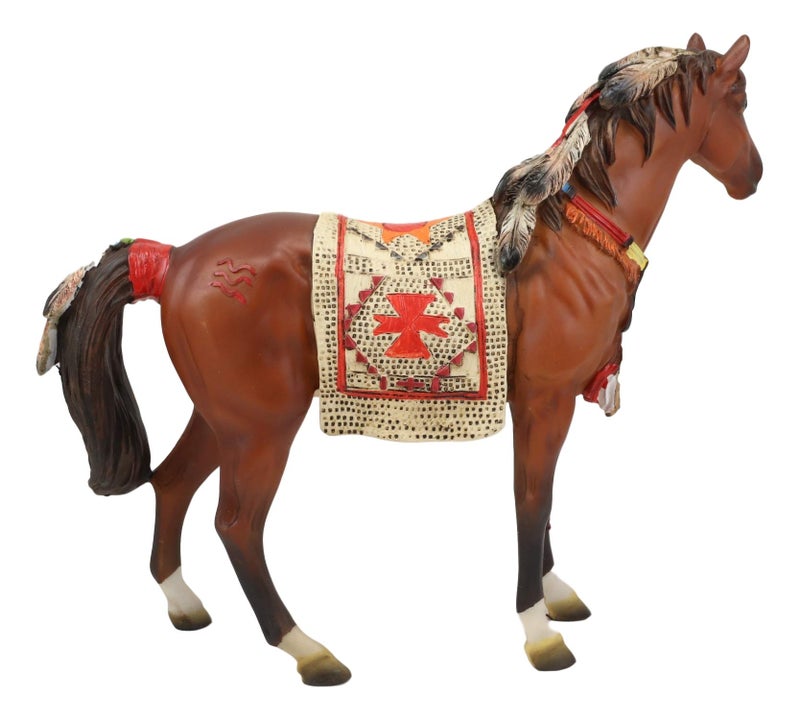 Ebros Gift Ebros Equestrian Tribal Navajo Medicine Spirit Horse with Painted Tapestry Saddle Hand Crafted Statue 9.5" Long Native American Indian Symbols Palm Feathers Stallion Animal Decor Sculpture - Image 2